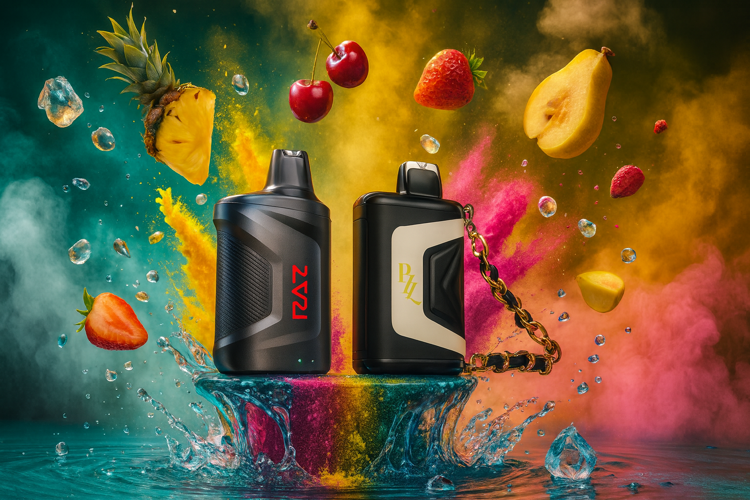 The image showcases two sleek vape devices standing upright on a splashy, water-covered surface, surrounded by vibrant fruits and bursts of colorful powder. The left device is black with red 