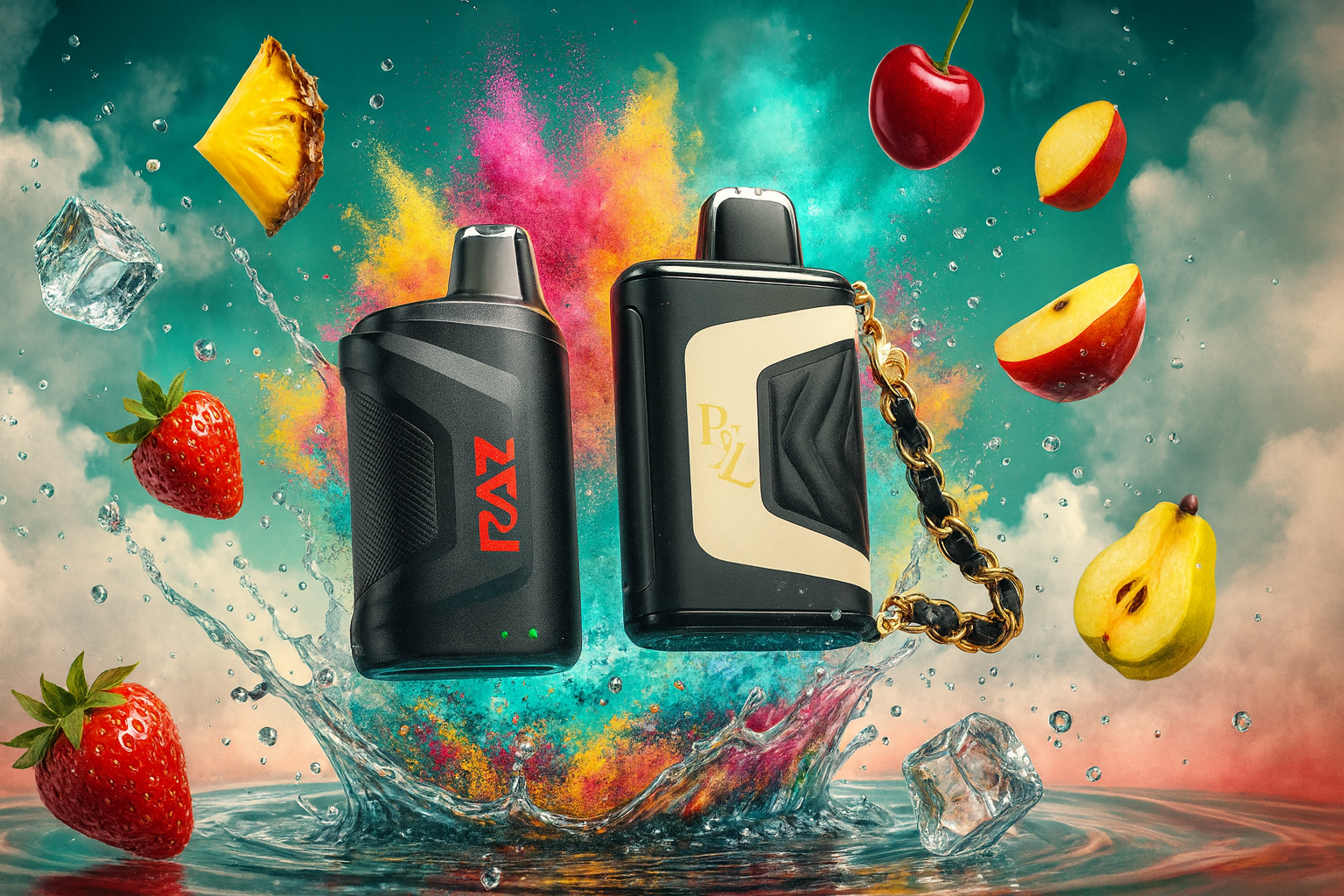 The image features two sleek vape devices at the center of a vibrant, high-energy composition filled with splashing water, floating fruits, and colorful powder clouds. The left device is black with red “RAZ” branding and a textured grip, while the right is a black-and-cream model with a gold chain and the label “PØL” in gold. Surrounding them are strawberries, pineapple, cherries, apple slices, and a pear, all suspended mid-air with droplets and ice cubes, evoking a sense of freshness and juicy intensity. The background bursts with pink, yellow, and teal hues, amplifying the dynamic, flavor-packed vibe ideal for promoting bold vape experiences.