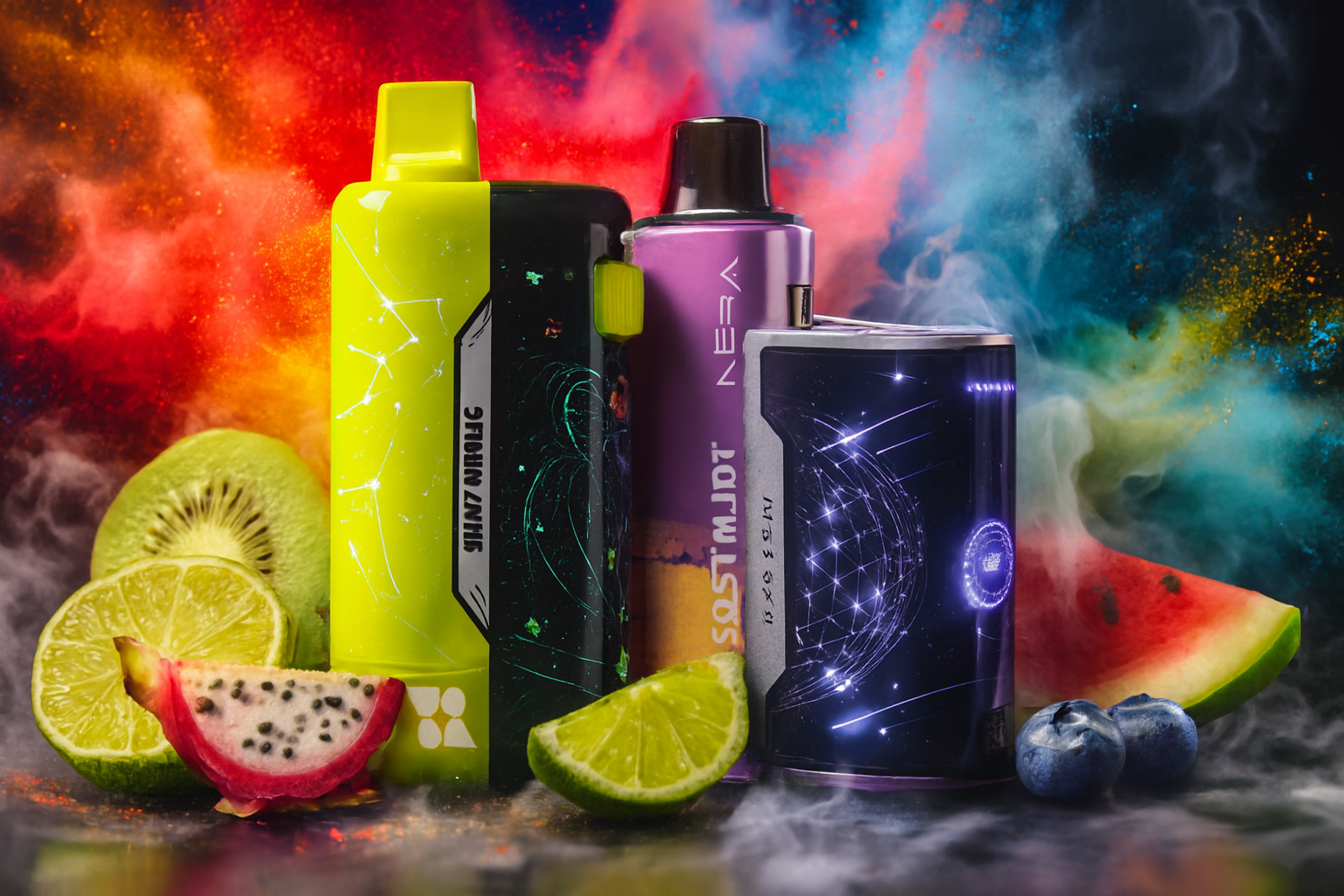 The image features three futuristic vape devices set against a dramatic swirl of colored smoke and surrounded by vibrant fruits. One device is neon yellow with constellation graphics and the label “SHINY WORLD,” another is purple with the text “NERA” and “SOSTMJDT,” and the third is metallic with a digital globe design and the label “MBS021.” Scattered around them are kiwi, lime, dragon fruit, watermelon, and blueberries, all contributing to a lively, flavor-rich atmosphere. The composition blends cutting-edge design with natural freshness, ideal for showcasing bold, fruit-infused vape experiences.
