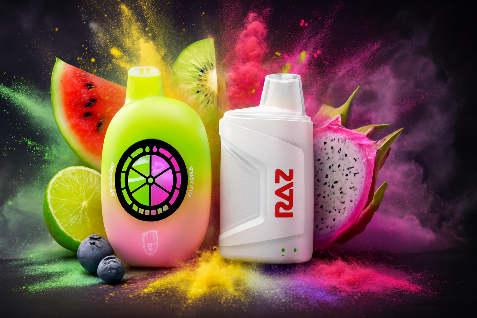 The image features two vibrant vape devices nestled among a lively arrangement of fruits and bursts of colored powder. The left device showcases a gradient of green, yellow, and pink with a circular fruit slice design and the label “FUJI APPLE,” while the right device is sleek white with bold red “RAZ” branding. Surrounding them are fresh slices of watermelon, kiwi, lime, blueberries, and dragon fruit, all set against a dynamic backdrop of yellow, pink, green, and purple powder clouds. The composition radiates energy, flavor, and tropical freshness, ideal for promoting fruity vape sensations.