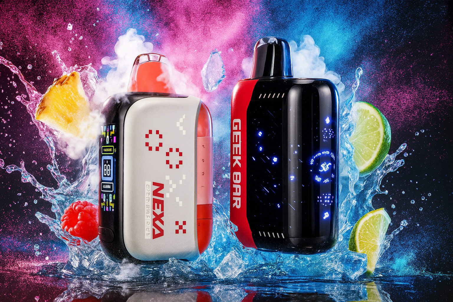 The image showcases two vibrant vape devices surrounded by splashes of water, fruit slices, and colorful vapor clouds. The left device is labeled “NEXA” and features a digital display with pixelated graphics and text such as “GEEK BAR” and “ALARM,” while the right device has a sleek black and red design with glowing blue icons and the branding “GEEK BAR.” Floating around them are a pineapple slice, raspberry, and lime wedges, all set against a dynamic background of pink, blue, and purple hues. The composition emphasizes freshness, flavor intensity, and futuristic style, ideal for promoting bold vape experiences.