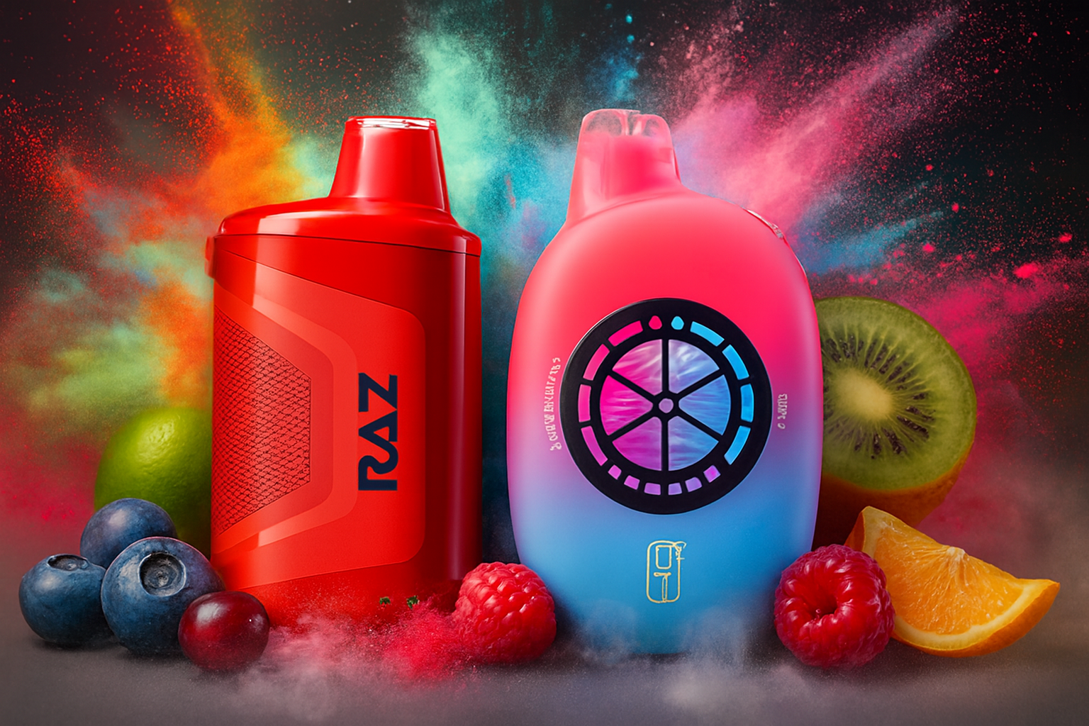 The image features two colorful vape devices set against a vibrant backdrop of multicolored powder explosions and fresh fruits. The left device is red with the brand name “RAZ” printed vertically in blue, while the right device transitions from pink to blue and showcases a circular, illuminated design resembling a fan or wheel. Surrounding them are blueberries, raspberries, a kiwi slice, an orange wedge, and a lime, all contributing to a lively, flavor-rich atmosphere. The composition emphasizes bold aesthetics, fruity freshness, and dynamic energy—perfect for promoting modern, flavor-infused vape experiences.