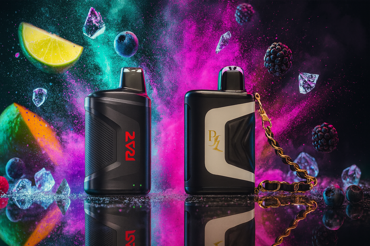 The image showcases two sleek vape devices set against a vibrant, high-energy background filled with splashes of teal, pink, and purple. The left device is black with red 