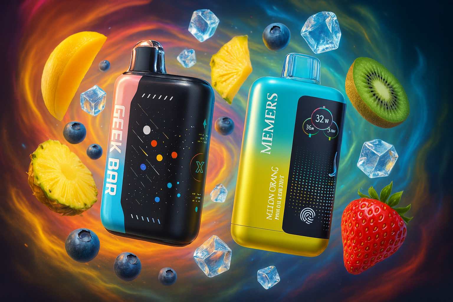 The image features two colorful vape devices surrounded by a vibrant mix of fruits and ice cubes, set against a swirling, energetic background. The left device, labeled 