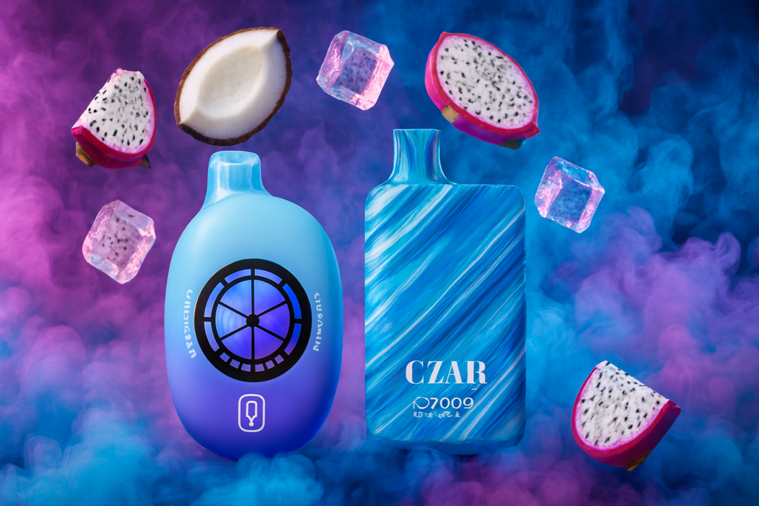 The image features two vibrant vape devices surrounded by floating fruit pieces and ice cubes, set against a swirling backdrop of purple and blue smoke. The left device, labeled 