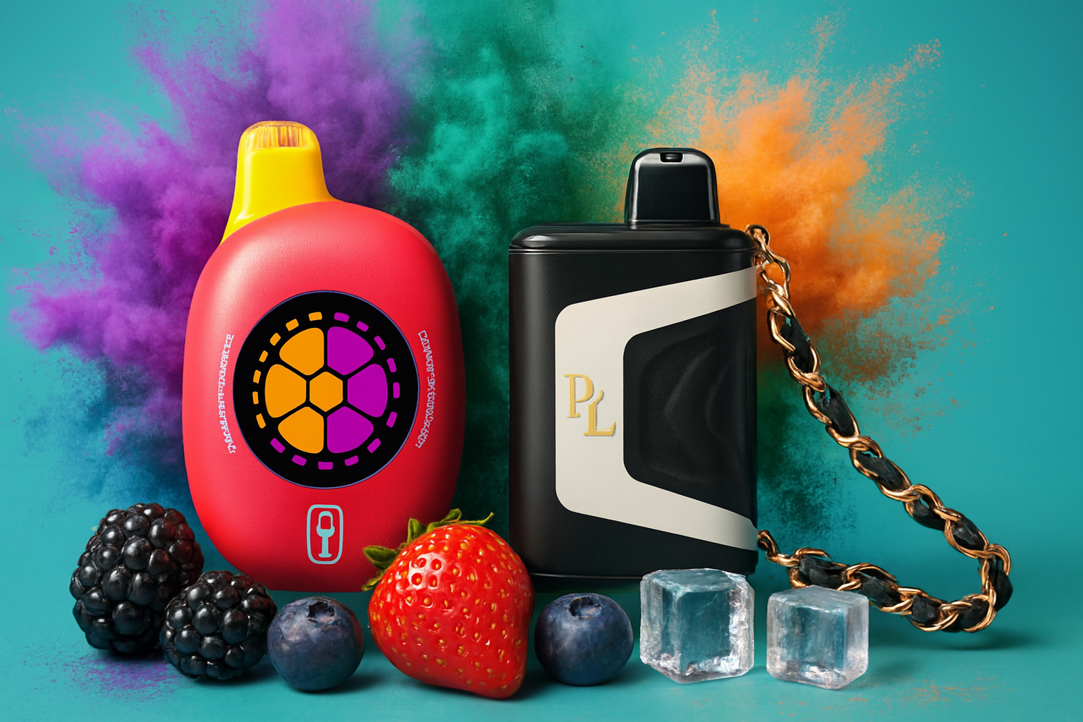 The image displays two stylish vape devices set against a vibrant backdrop of exploding colored powders in purple, green, and orange. The left device is red with a yellow mouthpiece and features a circular design with purple and orange segments, evoking a fruity or geometric motif. The right device is black with cream accents, adorned with elegant gold 