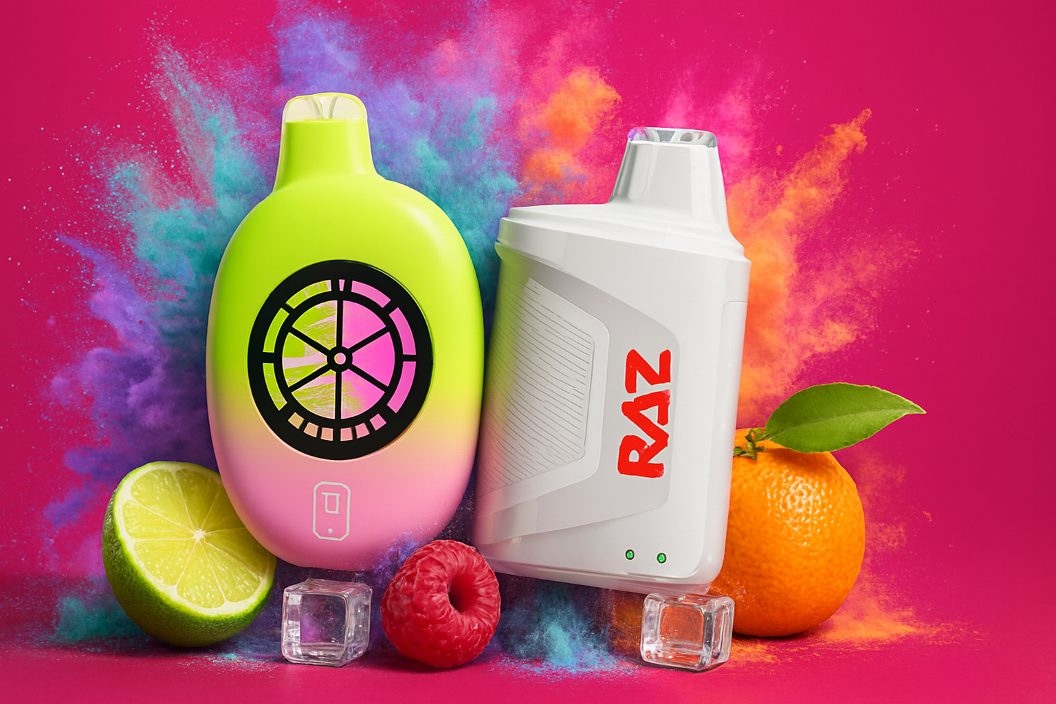 The image displays two colorful vape devices set against a vivid pink background with bursts of multicolored powder, creating a lively and energetic atmosphere. The left device features an oval shape with a gradient of green, yellow, and pink, a circular black design resembling a citrus slice, and a small battery icon at the bottom. The right device is white with angular lines, bold red 