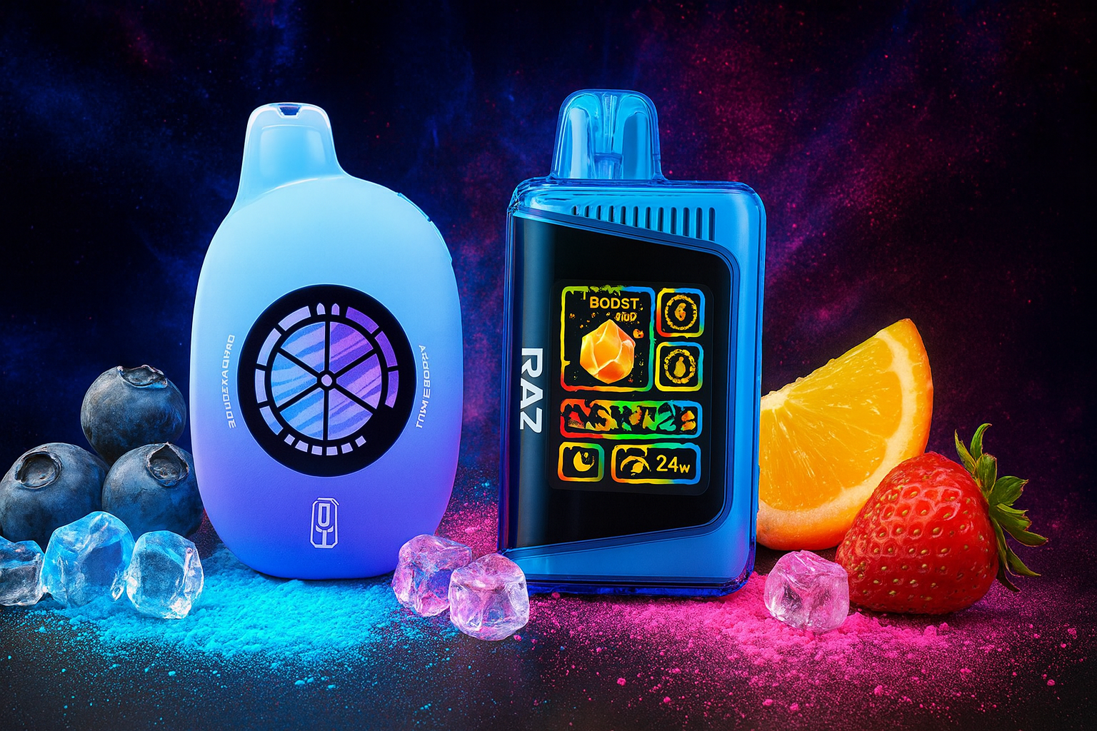 The image showcases two vibrant vape devices set against a cosmic-themed background with splashes of pink, blue, and orange. On the left, an oval-shaped device in gradient blue and purple features a circular design resembling a futuristic fan, surrounded by blueberries and ice cubes, hinting at a cool blueberry flavor. On the right, a transparent blue rectangular device displays 