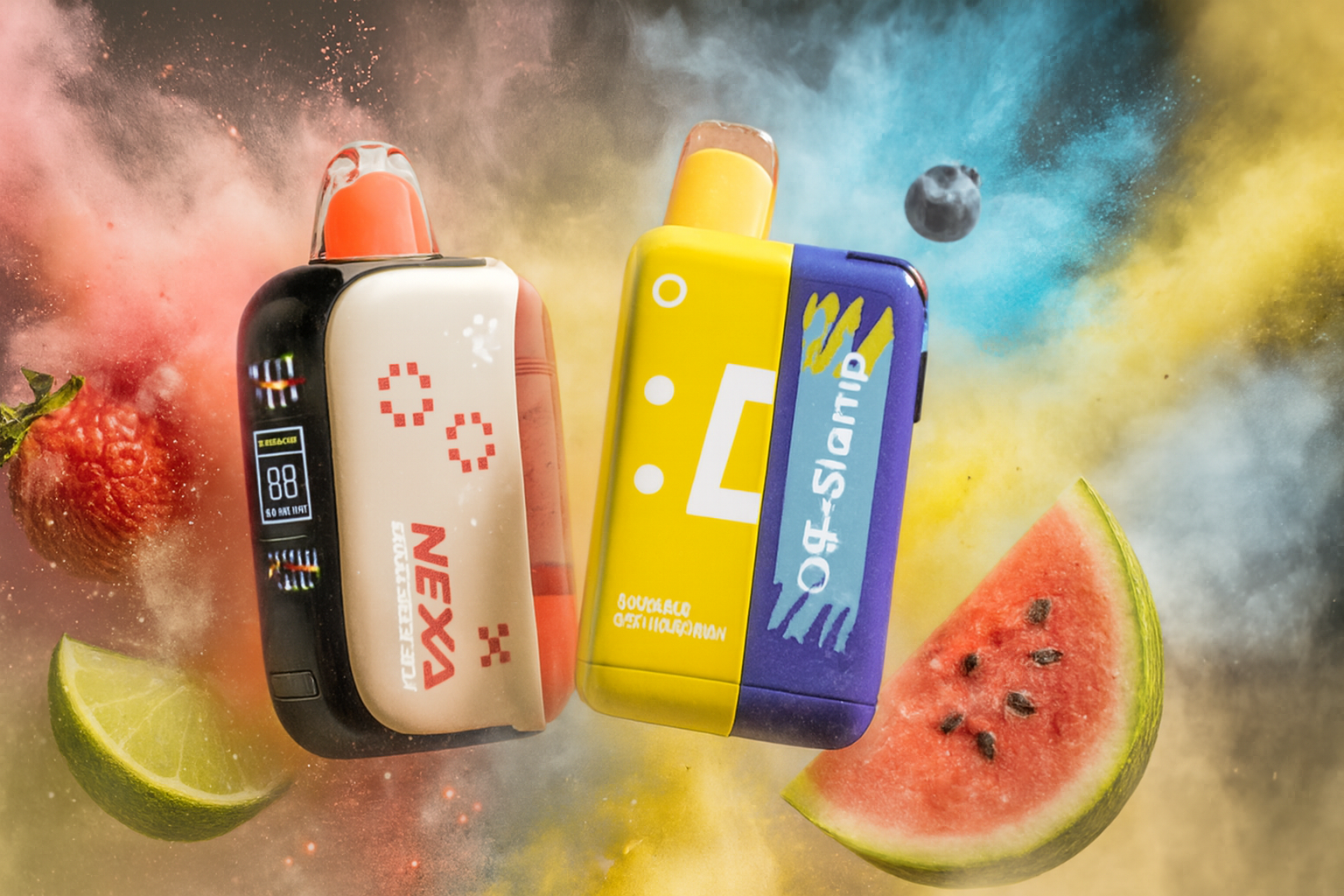 The image features two colorful vape devices surrounded by vibrant fruits and dynamic bursts of colored powder. The left device is labeled “NEXA” and displays a digital screen with “88” and “5.0 mL HIT,” suggesting performance details. The right device has a bold yellow and blue design with stylized text resembling “D-Slamp.” Scattered around them are a strawberry, lime slice, watermelon wedge, and blueberry, all set against a backdrop of explosive red, yellow, blue, and black powder clouds. The composition emphasizes fruity freshness, energetic design, and modern vape aesthetics.