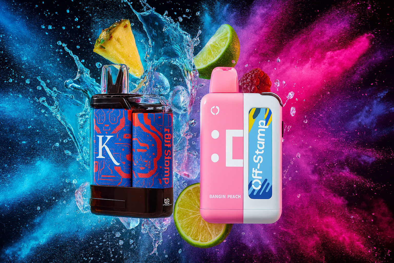The image showcases two colorful vape devices set against a dynamic backdrop of splashing water and vibrant fruit. The left device is predominantly blue and red, featuring the letter “K” and the text “Off Stamp,” while the right device is pink and white with the branding “Off-Stamp” and the flavor name “BANGIN PEACH.” Surrounding them are energetic bursts of water and fruit slices including pineapple, lime, and raspberry, creating a lively, flavor-rich atmosphere. The composition emphasizes freshness, bold design, and fruity appeal—ideal for promoting vibrant vape experiences.