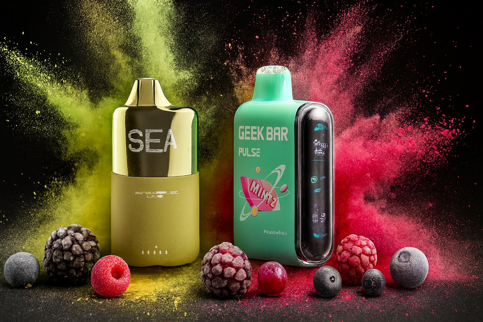 The image showcases two vibrant vape devices set against a dynamic backdrop of colorful powder bursts and frozen berries. The left device, in gold and green, features the metallic branding 