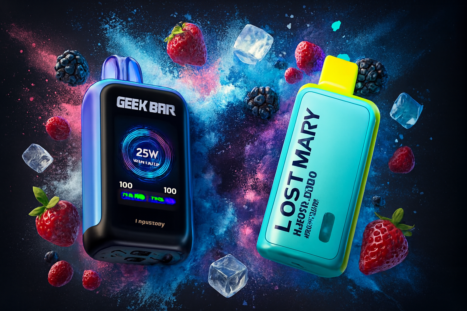 The image showcases two vape devices surrounded by vibrant fruits and ice cubes, set against a cosmic-themed background. The left device, labeled 