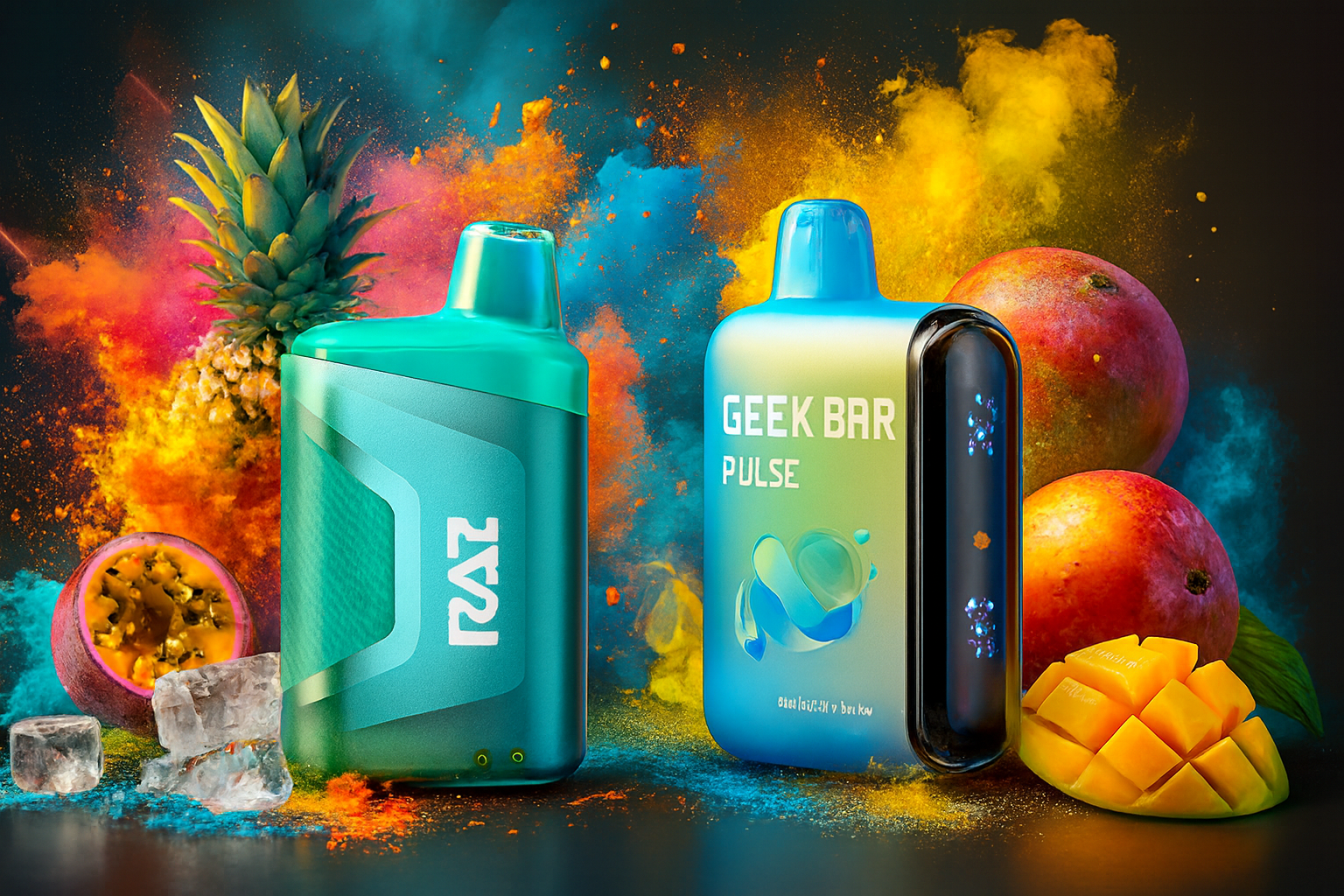 The image displays two colorful vape devices set against a vibrant backdrop of exploding powder and tropical fruits. On the left, the teal 