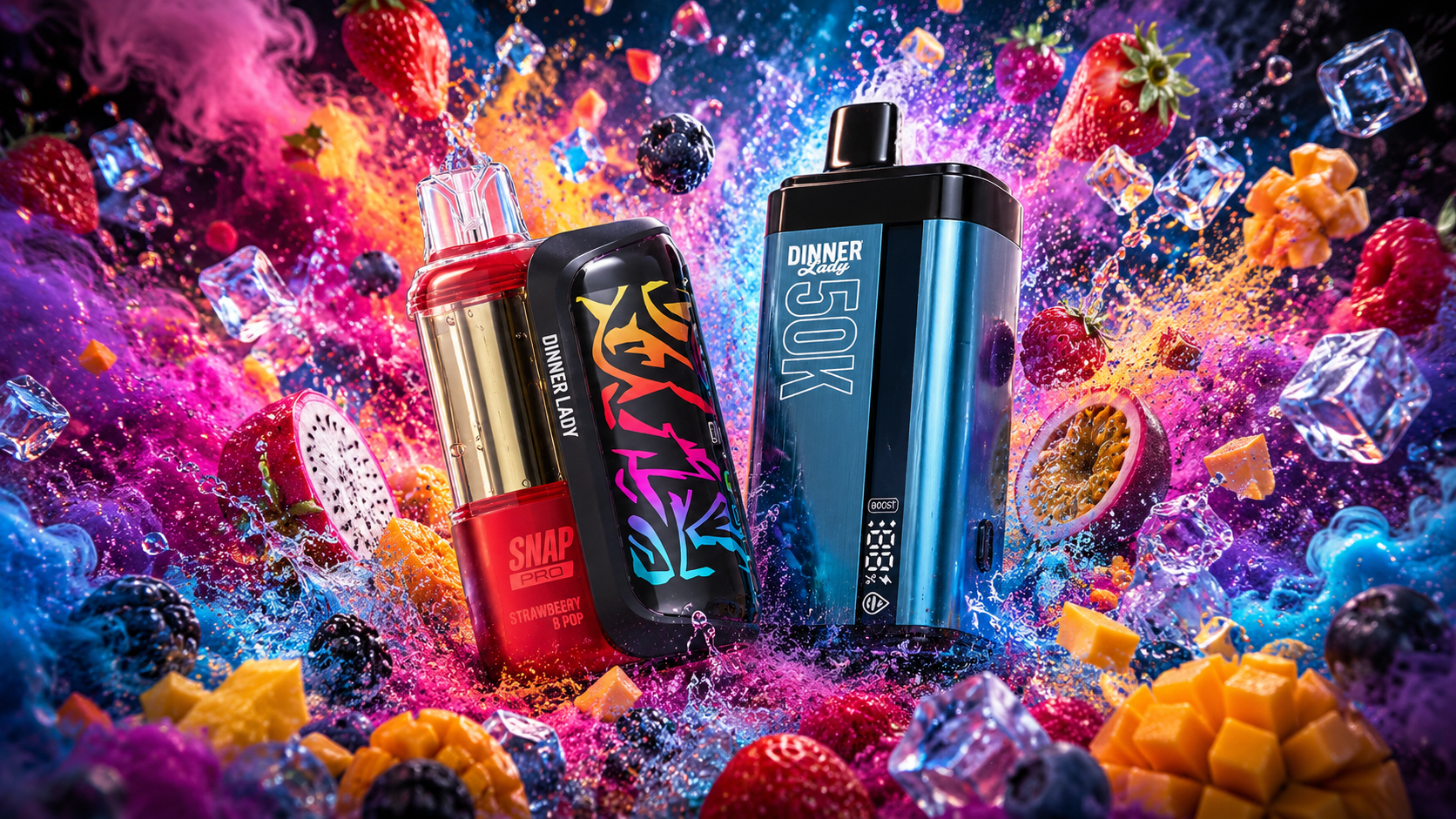 Two colorful vape devices labeled “SNAP PRO Strawberry & Pop” and “DINNER LADY 50K” are surrounded by splashes of fruit and ice. Strawberries, berries, mango, dragon fruit, and passion fruit swirl in a vibrant mix of pink, purple, and blue hues. The dynamic composition highlights freshness, bold flavors, and modern design.
