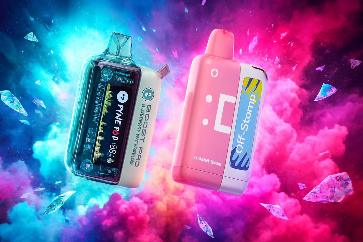 The image showcases two vibrant vape devices set against a cosmic-themed background filled with crystal shards and swirling clouds of blue, pink, and purple. The left device, labeled 