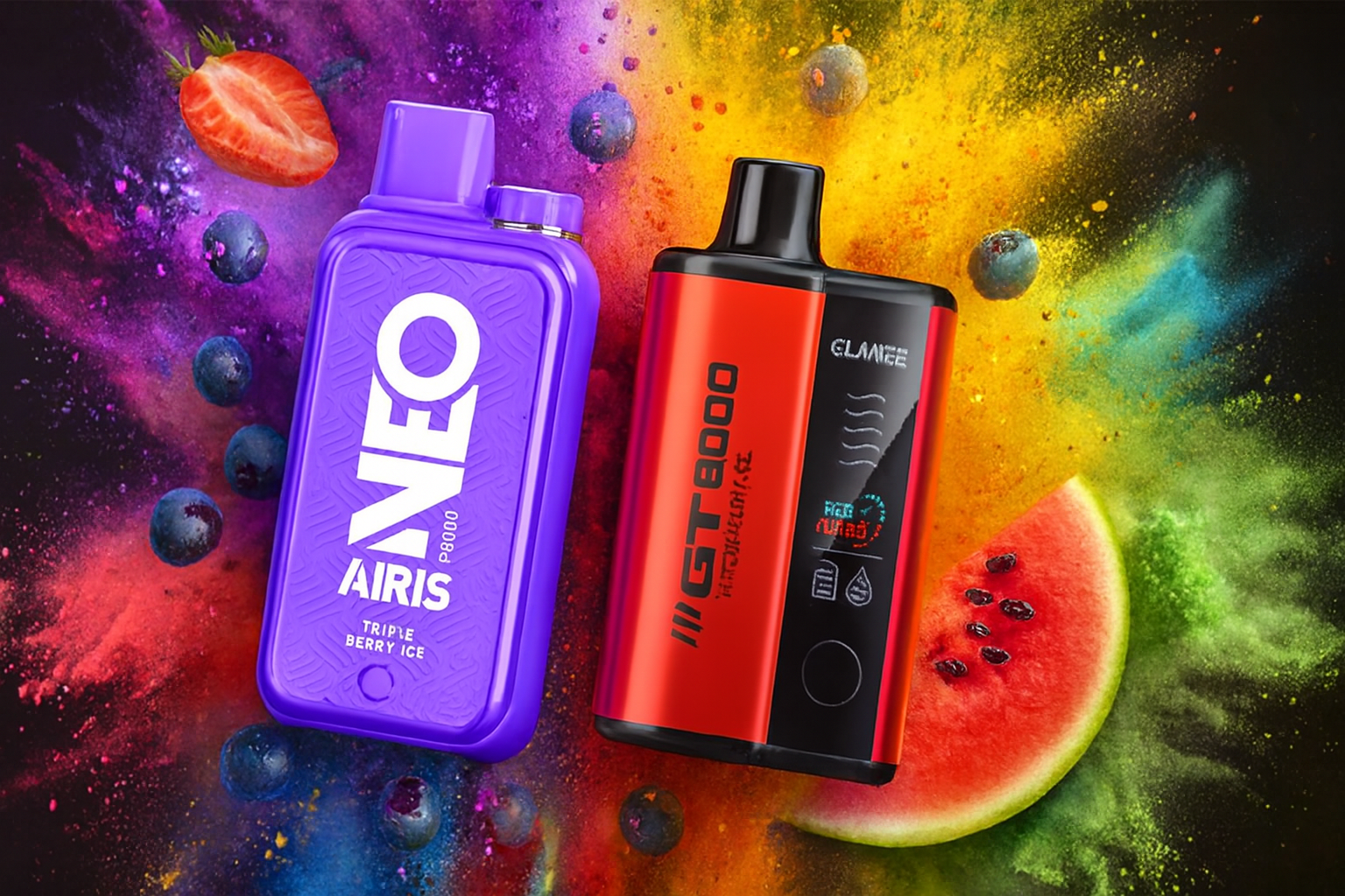 The image features two vibrant vape devices set against a dynamic backdrop of splattered colors and fresh fruits. The left device, in purple, is labeled 