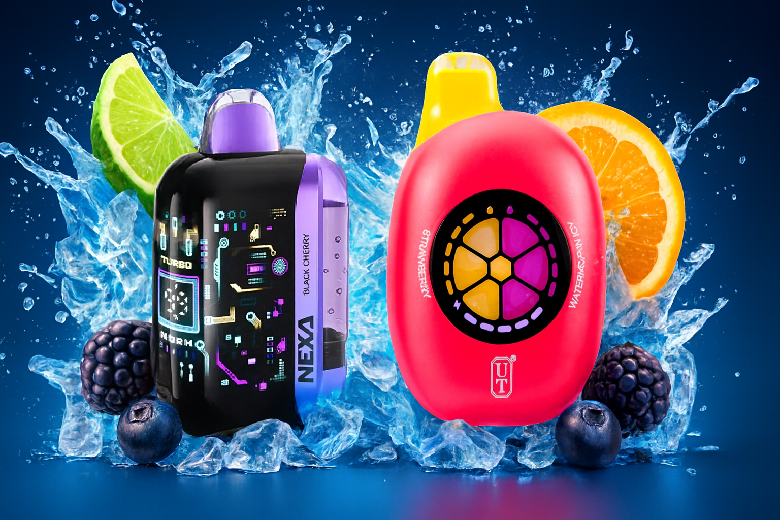 The image displays two colorful vape devices set against a vibrant backdrop of splashing water and assorted fruits. The left device, labeled 