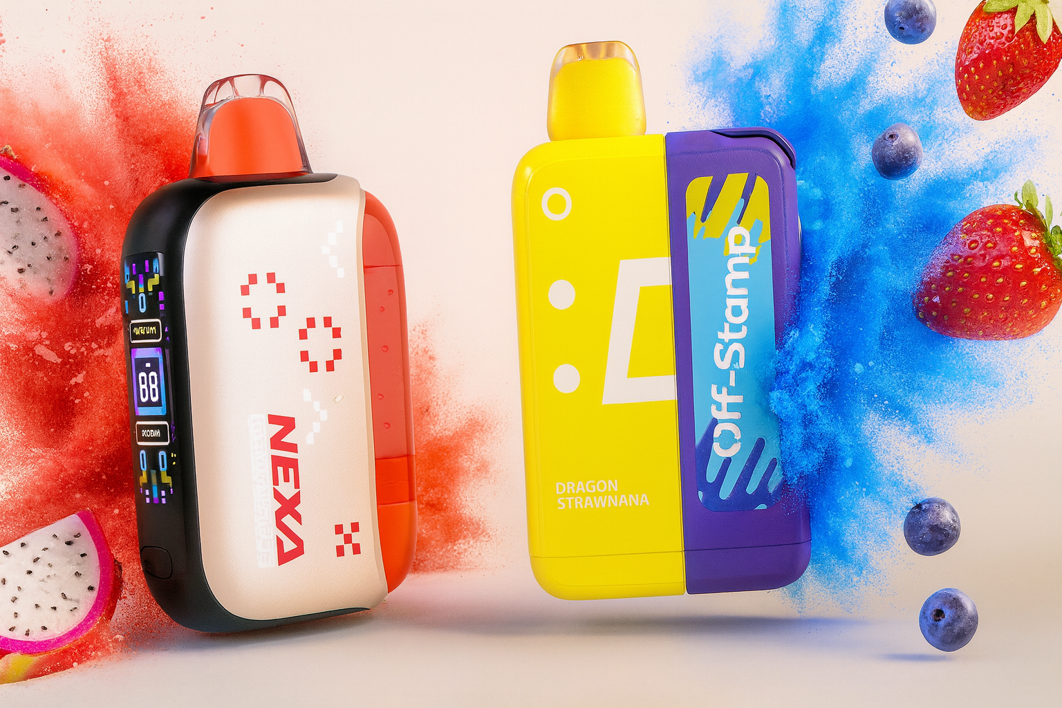 The image showcases two vibrant vape devices set against a dynamic fruit-themed background. The left device, labeled 