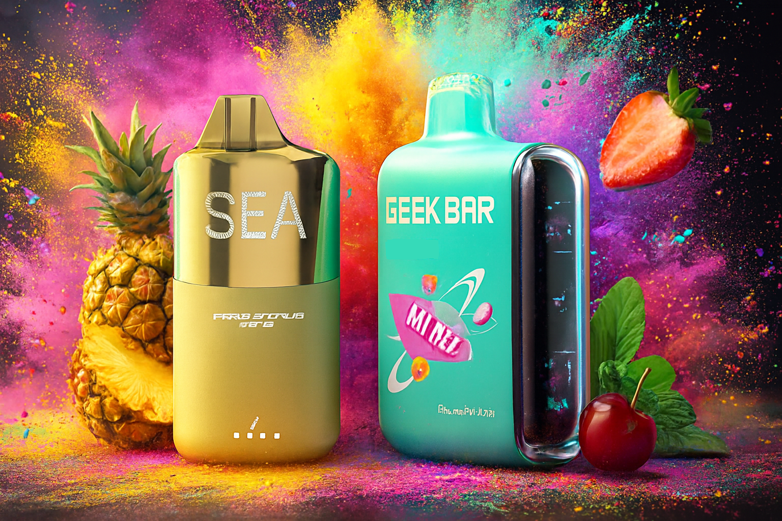 The image displays two colorful vape devices set against a vibrant explosion of multicolored powder and tropical fruits. The left device, in gold and green, is labeled 