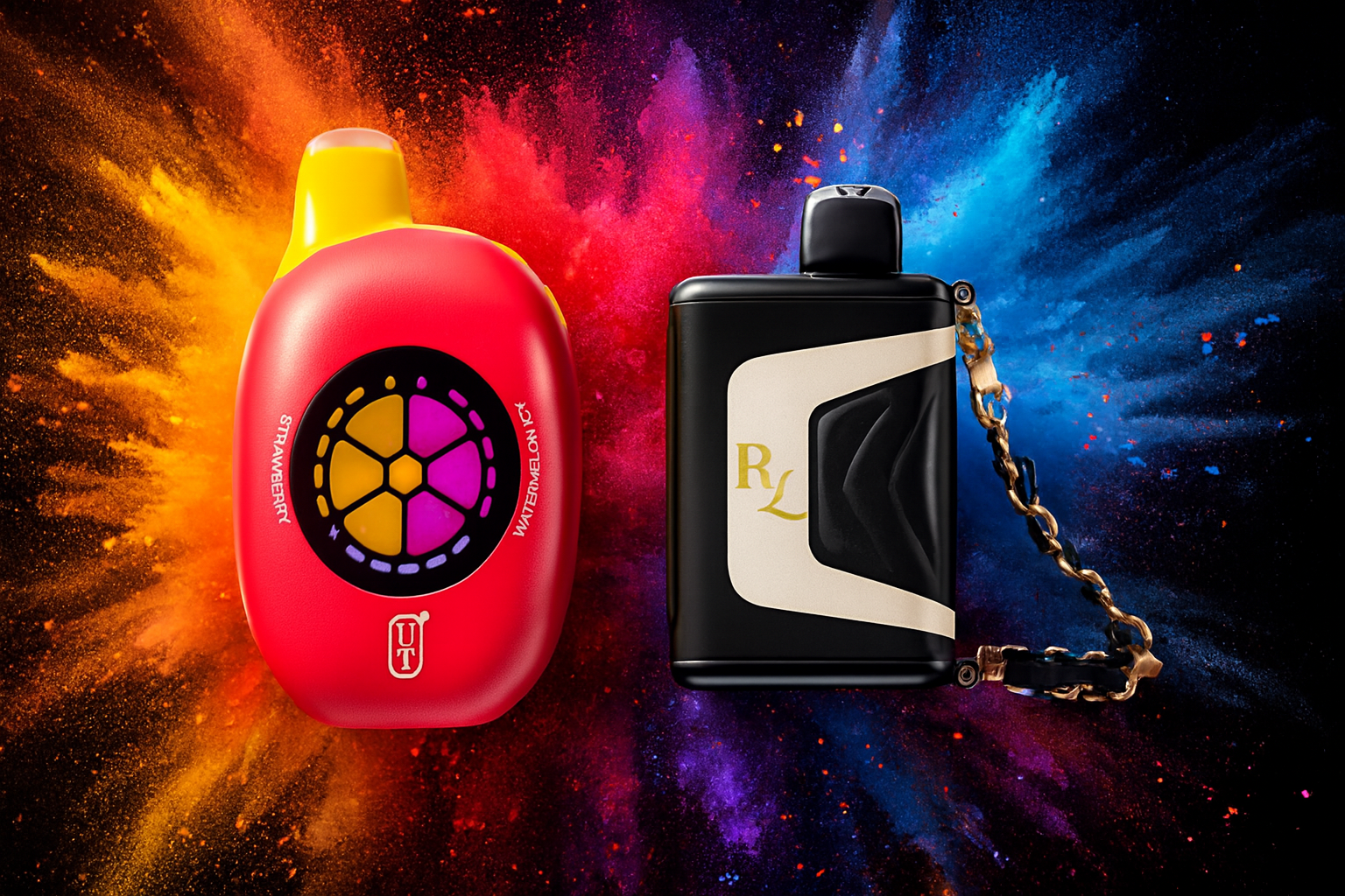 The image features two vape devices set against a vivid explosion of orange, red, purple, and blue powder. The left device is red with a yellow top and a circular design resembling a fruit slice, labeled with the flavors 