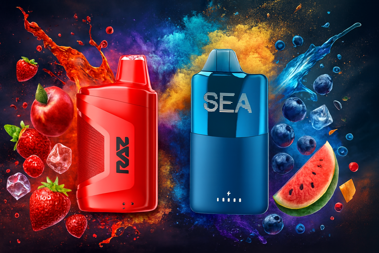 The image shows two colorful vape devices surrounded by vibrant fruits and splashes of liquid. The red device on the left, labeled “RAZ,” is accompanied by strawberries, an apple, and ice cubes, suggesting a sweet and refreshing flavor. The blue device on the right, marked “SEA,” is paired with blueberries, watermelon, and a splash of blue liquid, evoking a cool, fruity vibe. The dynamic background enhances the bold, flavorful appeal of the products.