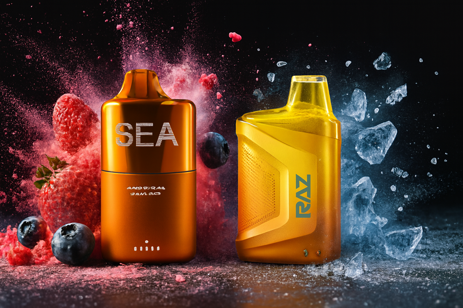 The image features two brightly colored vape devices set against a dramatic backdrop of pink and blue powder bursts, ice shards, and fresh fruits. The orange device on the left is labeled 