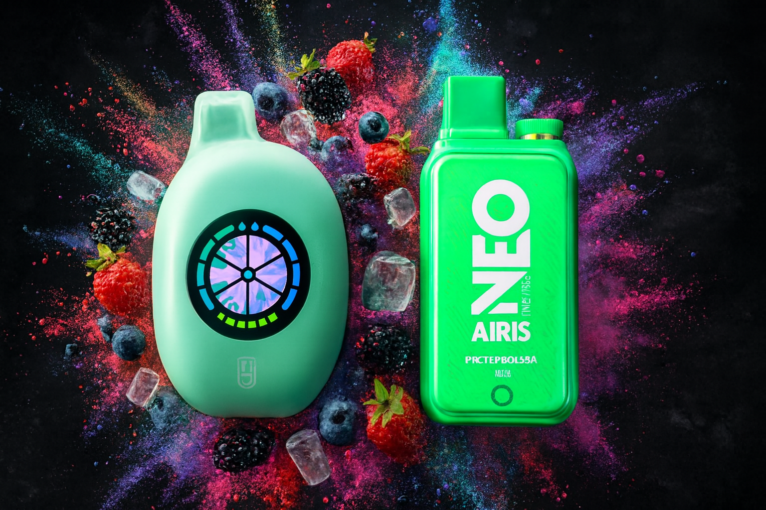 The image presents two striking vape devices set against a vivid backdrop of mixed berries, ice cubes, and powder bursts in pink, purple, and blue. The left device is mint green with a futuristic circular display, while the right one is neon green and boldly labeled “NEO AIRIS.” The dynamic composition and rich colors evoke a cool, berry-infused flavor experience, making the scene both refreshing and visually captivating.