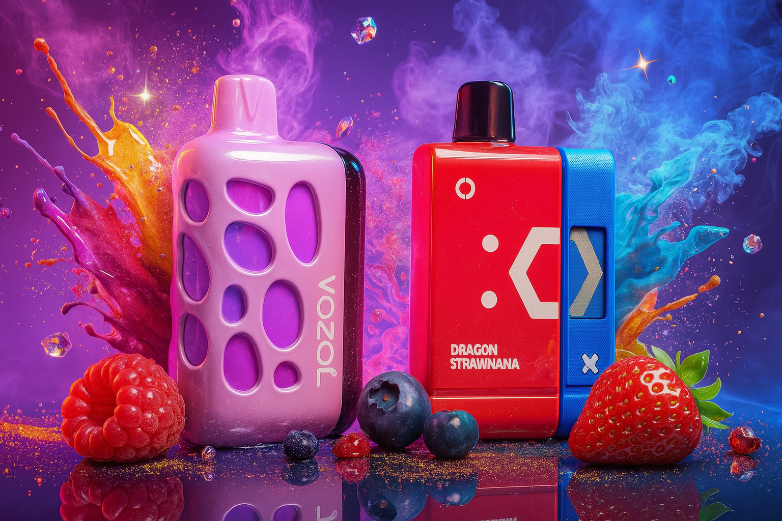 The image features two vibrant vape devices set against a dynamic, color-splashed background filled with fruit and artistic energy. On the left, the pink-and-purple “VOZOL” device showcases an organic, bubble-like design with its branding printed vertically. On the right, the red-and-blue “DRAGON STRAWNANA” device sports a bold geometric pattern and flavor label. Surrounding them are fresh raspberries, blueberries, and a strawberry, all immersed in vivid splashes of purple, orange, pink, and blue, creating a lively composition that blends sleek design with fruity freshness and visual impact.