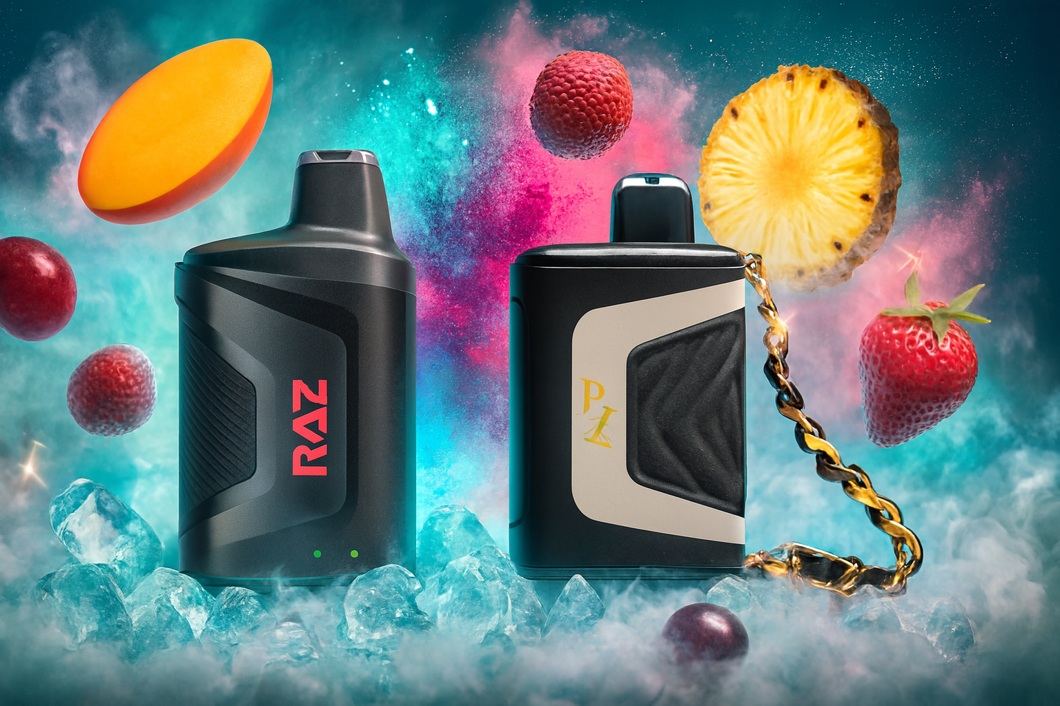 The image showcases two sleek vape devices resting on a bed of ice cubes, enveloped in vibrant, swirling vapor. One device is black with bold red 