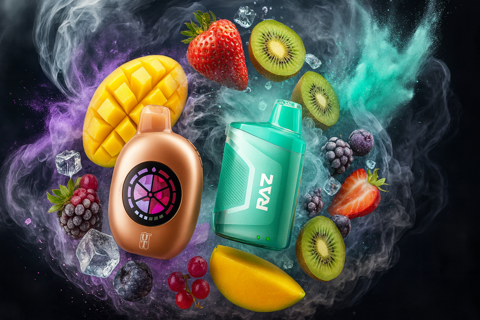 The image presents two eye-catching vape devices surrounded by a vivid assortment of fruits, ice cubes, and swirling colored smoke. The left device is bronze with a circular, multicolored design, while the right one is teal and branded “RAZ.” Scattered around them are sliced mango, strawberries, kiwi, blackberries, blueberries, grapes, and raspberries, all contributing to a rich, fruity atmosphere. The dynamic background and vibrant elements emphasize freshness, flavor intensity, and modern appeal, making the composition ideal for promoting bold, fruit-infused vape experiences.