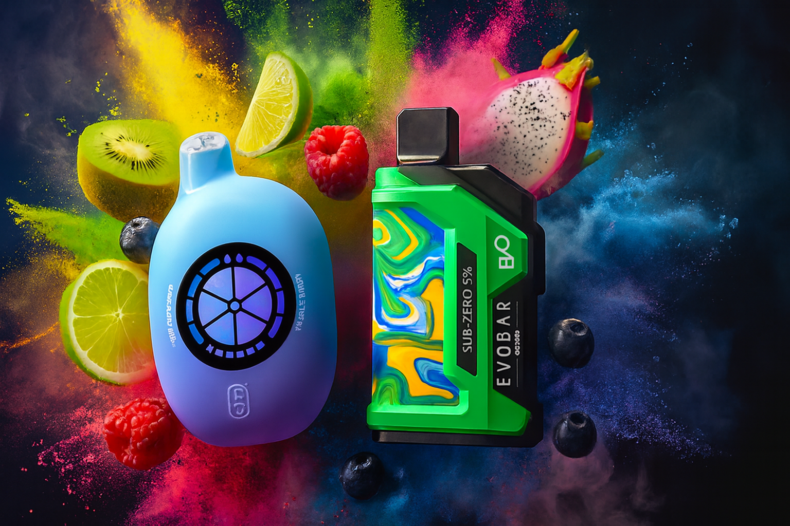 The image showcases two colorful vape devices surrounded by a vibrant swirl of fruits, ice cubes, and bursts of powder. The left device is blue and pod-shaped with a citrus-slice design and the label “WAKA SMASH 7000,” while the right device is rectangular with a green and multicolored swirl pattern, branded “EVOBAR” and marked “SUB-ZERO 5%.” Scattered around them are kiwi, lime, raspberry, blueberry, and dragon fruit, all set against a dynamic backdrop of yellow, green, pink, and blue powder clouds. The composition radiates freshness, flavor intensity, and visual energy, ideal for promoting bold, fruit-infused vape experiences.