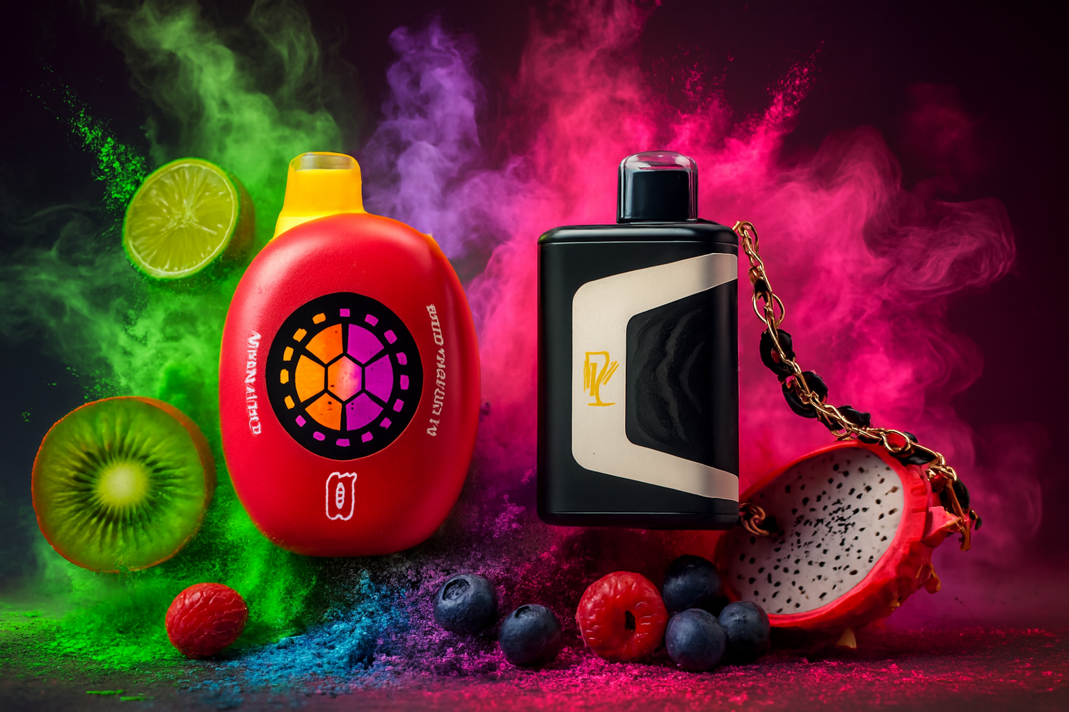The image presents two boldly designed bottles surrounded by a vivid explosion of fruits and powdered pigments. The left bottle is red with a yellow cap, featuring a circular multicolored motif reminiscent of a fruit slice or color wheel, accented by stylized text and a small white icon. The right bottle is sleek and black, adorned with a diagonal gold and cream stripe, a gold emblem, and a decorative gold chain, suggesting a luxurious aesthetic. Around them are fresh slices of kiwi, lime, dragon fruit, raspberries, and blueberries, all set against a dynamic backdrop of green, blue, pink, and purple powders, evoking a sense of exotic freshness and vibrant energy.