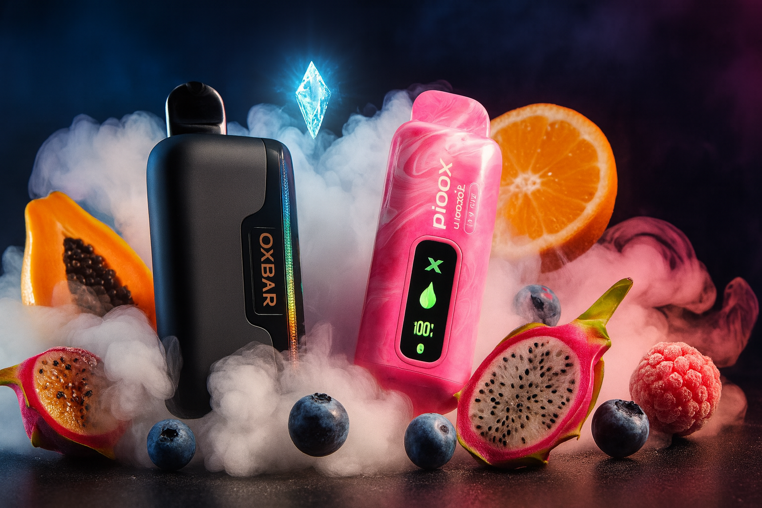 The image showcases two stylish vape devices set against a vibrant, vapor-filled background with floating fruits and illuminated accents. The left device is black with a rainbow-accented 