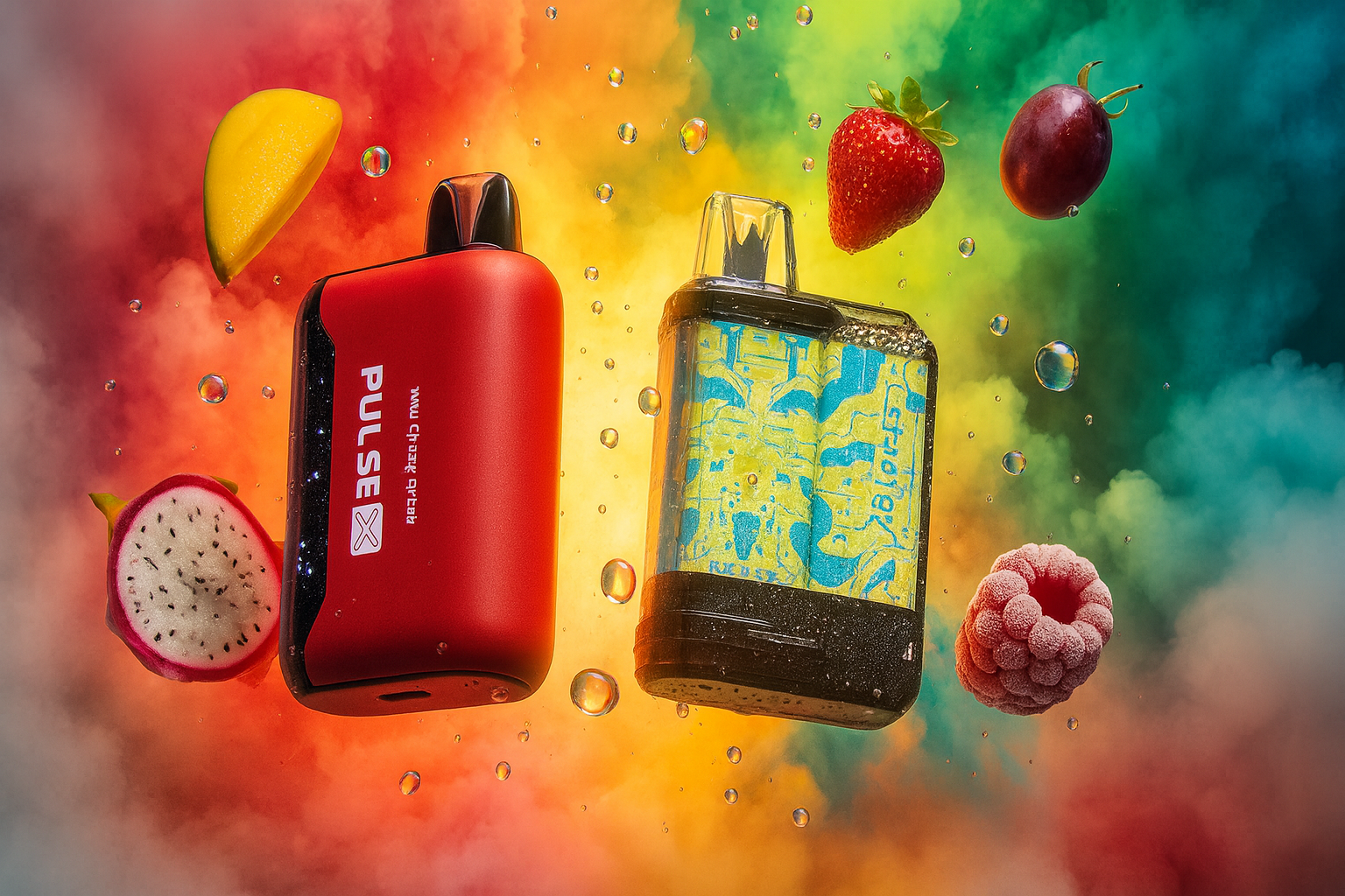 The image features two colorful vape devices set against a vibrant, multicolored background filled with floating fruits and water droplets. The left device is red and black with the label 
