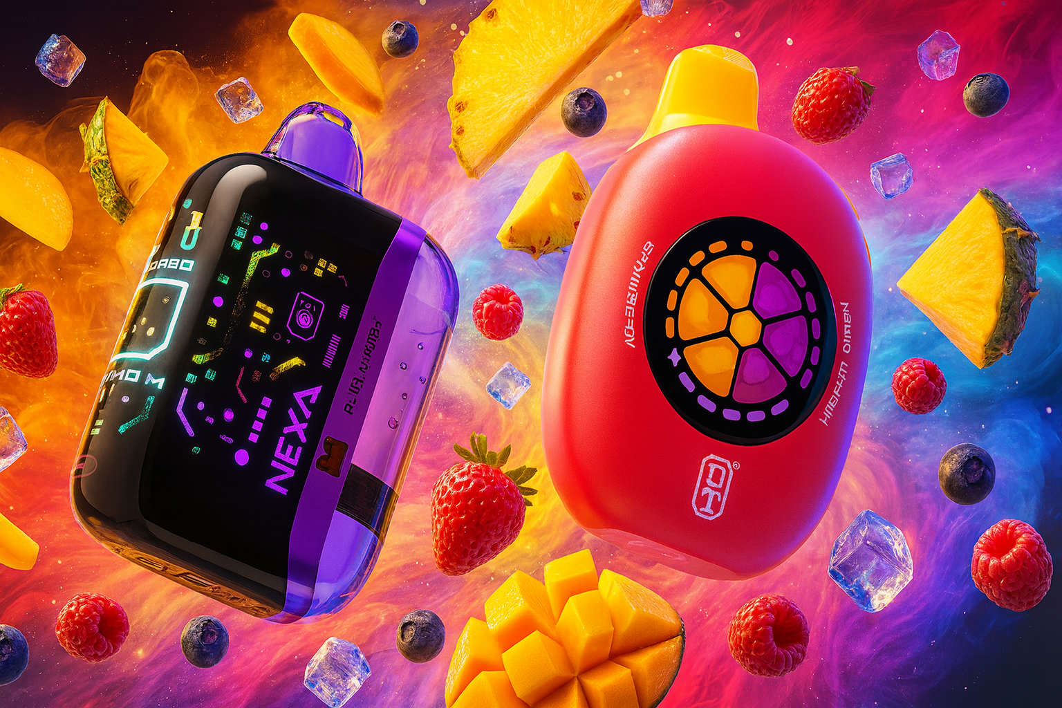The image displays two vibrant vape devices set against a swirling cosmic backdrop of purples, oranges, and blues, evoking a sense of energy and motion. The left device, labeled 