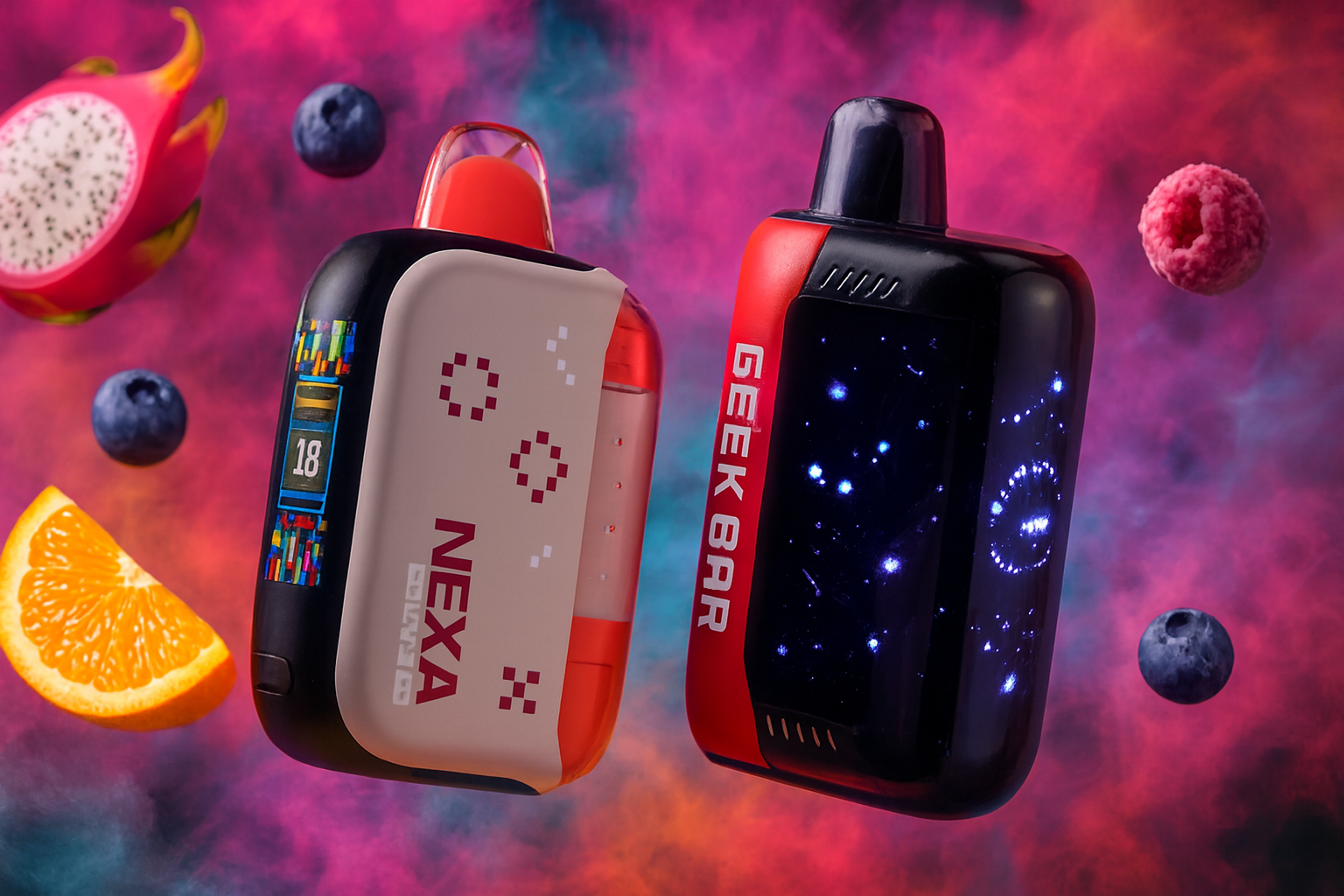 The image features two visually striking vape devices set against a vibrant, multicolored backdrop filled with floating fruit elements. On the left, the 