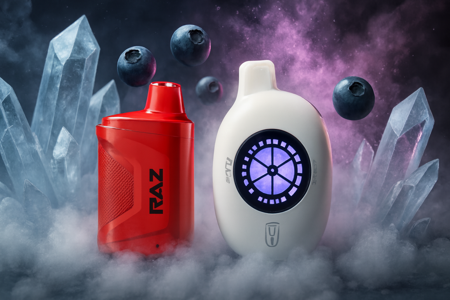 The image features two sleek vape devices set against a futuristic, misty backdrop. The left device is bold red with the brand name 