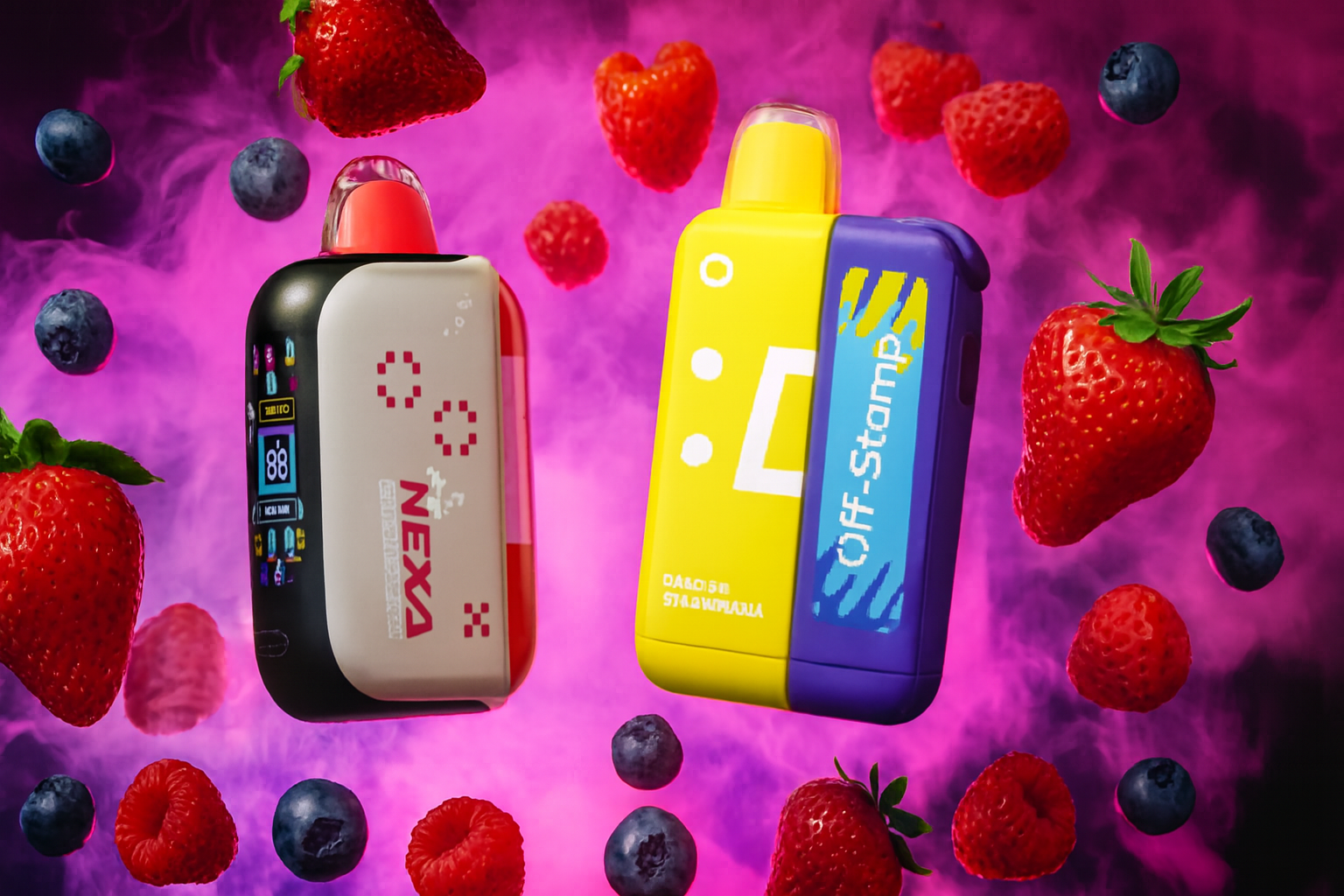 The photo shows two colorful vape devices set against a vibrant pink and purple smoky background with floating berries, creating a lively and fruity atmosphere. On the left, the “NEXA” device features a digital display with various icons and the number “88,” highlighted by a sleek modern design. On the right, the “Off-Stamp” vape stands out with a bold yellow and purple body decorated with stylized graphics and text. Surrounding them are strawberries, blueberries, and raspberries, reinforcing the berry-inspired flavor theme. The dynamic composition emphasizes freshness, energy, and a playful, eye-catching aesthetic.