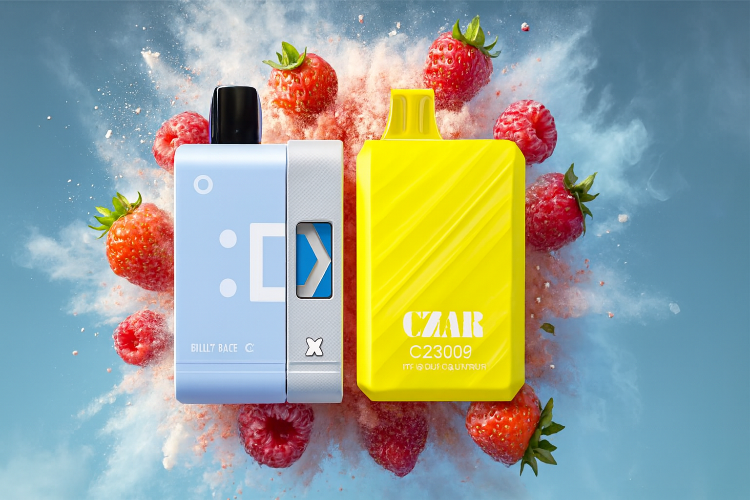 The photo shows two colorful vape devices placed side by side against a vibrant background filled with strawberries, raspberries, and a burst of powder-like vapor. On the left, a light blue device with a silver metallic section and black mouthpiece features a design resembling a face, along with the text “BILL7 BACE” and a small “X” symbol. On the right, a bright yellow device with a built-in mouthpiece is marked “CZAR C23009” followed by smaller, less legible text. The dynamic composition, vivid colors, and fruit elements create an energetic, eye-catching scene that emphasizes flavor and modern design.