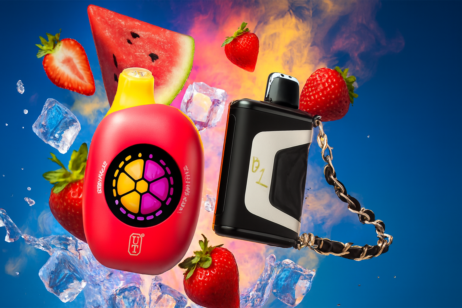 The image showcases two vibrant vape devices set against a dramatic background of fiery orange, cool blue, and purple tones. The left device is red with a yellow top and a circular multicolored design resembling a fruit slice, featuring the text 