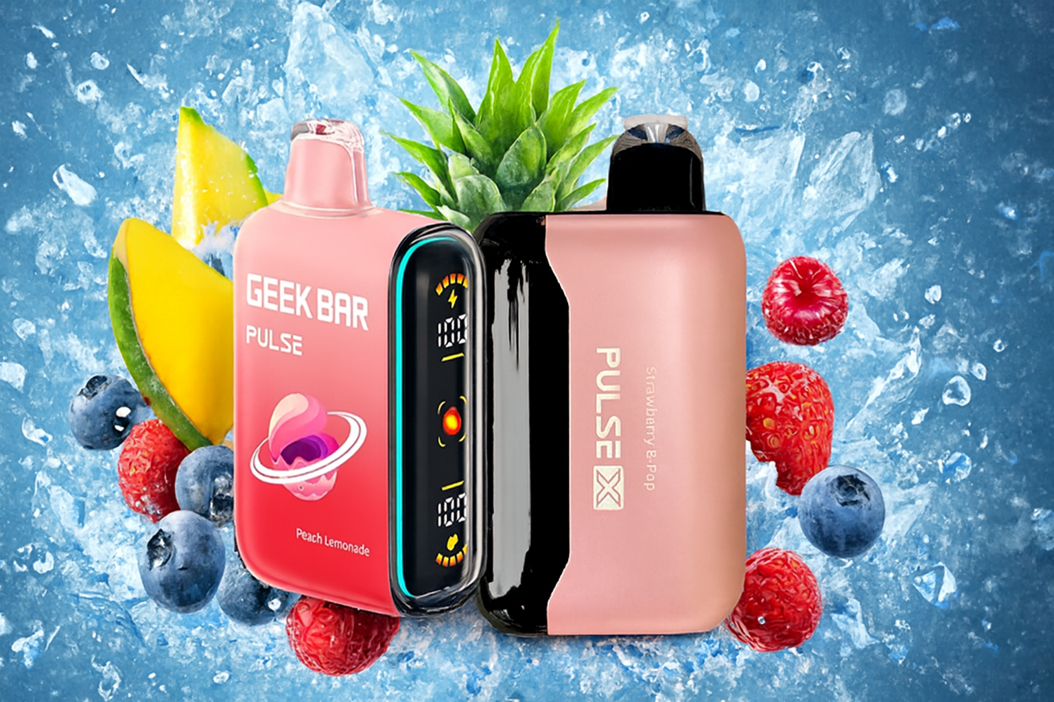 The image features two colorful vape devices set against a vibrant backdrop of ice cubes and assorted fruits like pineapple, mango, blueberries, raspberries, and strawberries. The left device, labeled “GEEK BAR PULSE,” displays the flavor “Peach Lemonade” and includes a digital screen with battery and usage indicators. The right device, marked “PULSE X,” highlights the flavor “Strawberry B-Pop.” The dynamic composition emphasizes fruity freshness and sleek design, ideal for showcasing flavored vape products.