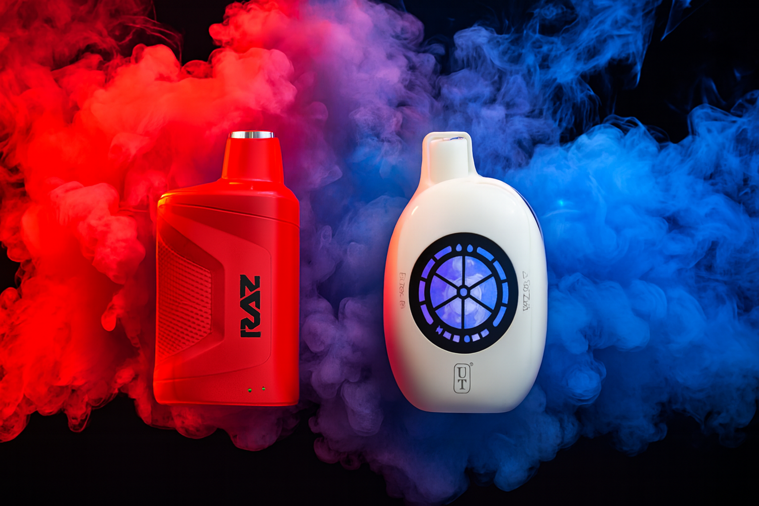 The image shows two vape devices set against a dramatic backdrop of red and blue smoke. The left device is bold red with the brand name 