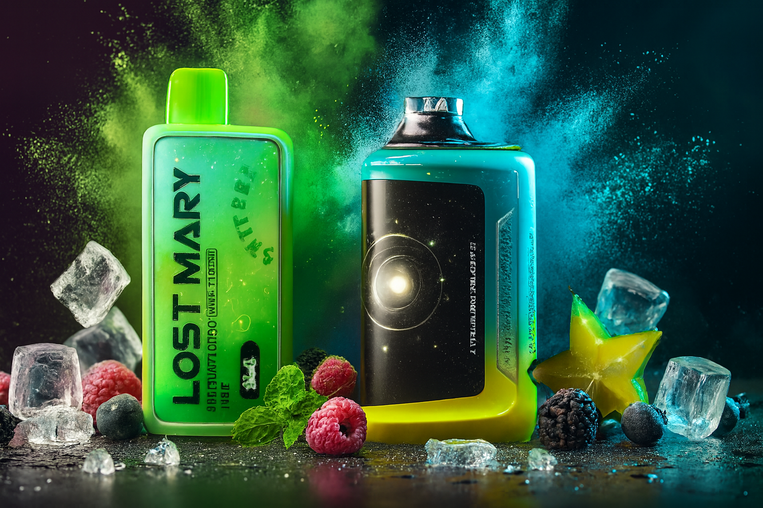 The image features two vibrant vape devices surrounded by a burst of icy freshness and exotic fruits. The green device labeled 