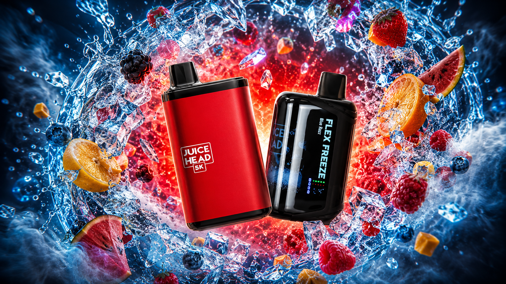 Two vape devices labeled “JUICE HEAD 5K” and “FLEX FREEZE BLU RAZZ” are displayed in a vibrant, energetic scene. Surrounding them are splashes of water, ice cubes, and fruits like strawberries, raspberries, blueberries, blackberries, citrus slices, and watermelon. The dynamic red and blue background emphasizes freshness, bold fruity flavors, and modern design.