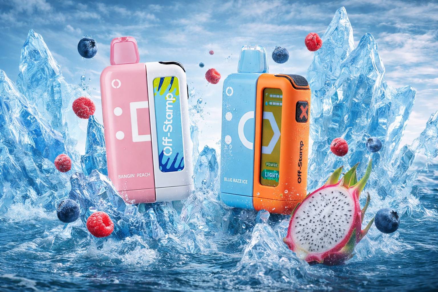 Two colorful Off‑Stamp vape devices are displayed in a refreshing, dynamic scene. The pink‑white “Bangin’ Peach” is surrounded by peach slices and ice, while the blue‑orange “Blue Razz Ice” features berries and water splashes. The bright sky and swirling elements emphasize bold flavors and a cool, energetic design.