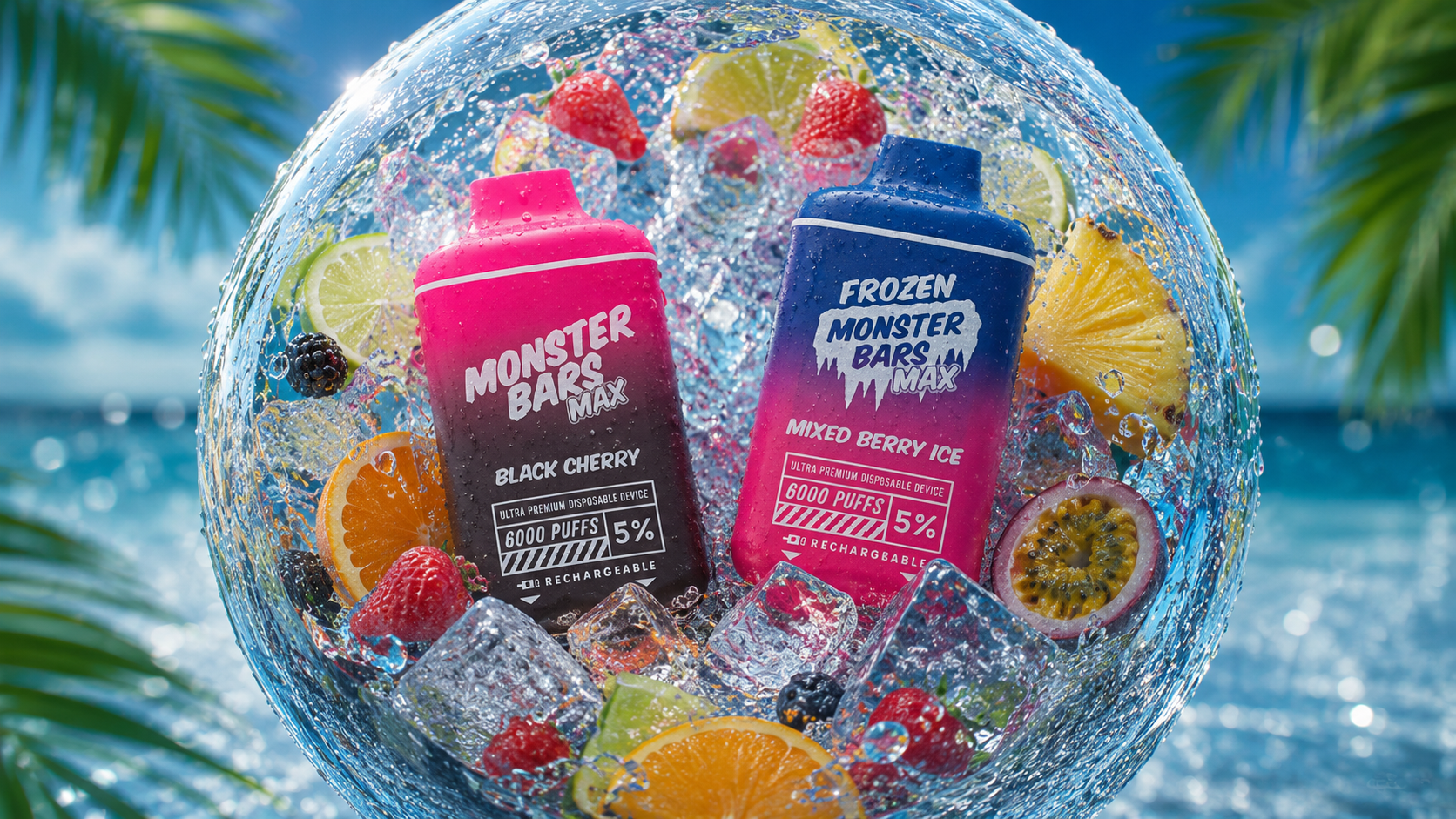 Two brightly colored disposable vape devices are shown in a tropical, refreshing scene. The pink‑black “Monster Bars Max Black Cherry” and blue‑pink “Frozen Monster Bars Max Mixed Berry Ice” are surrounded by splashing water, ice cubes, and fruits like lemon, orange, pineapple, passion fruit, and berries. The vibrant beach background emphasizes bold flavors, summer energy, and premium branding.