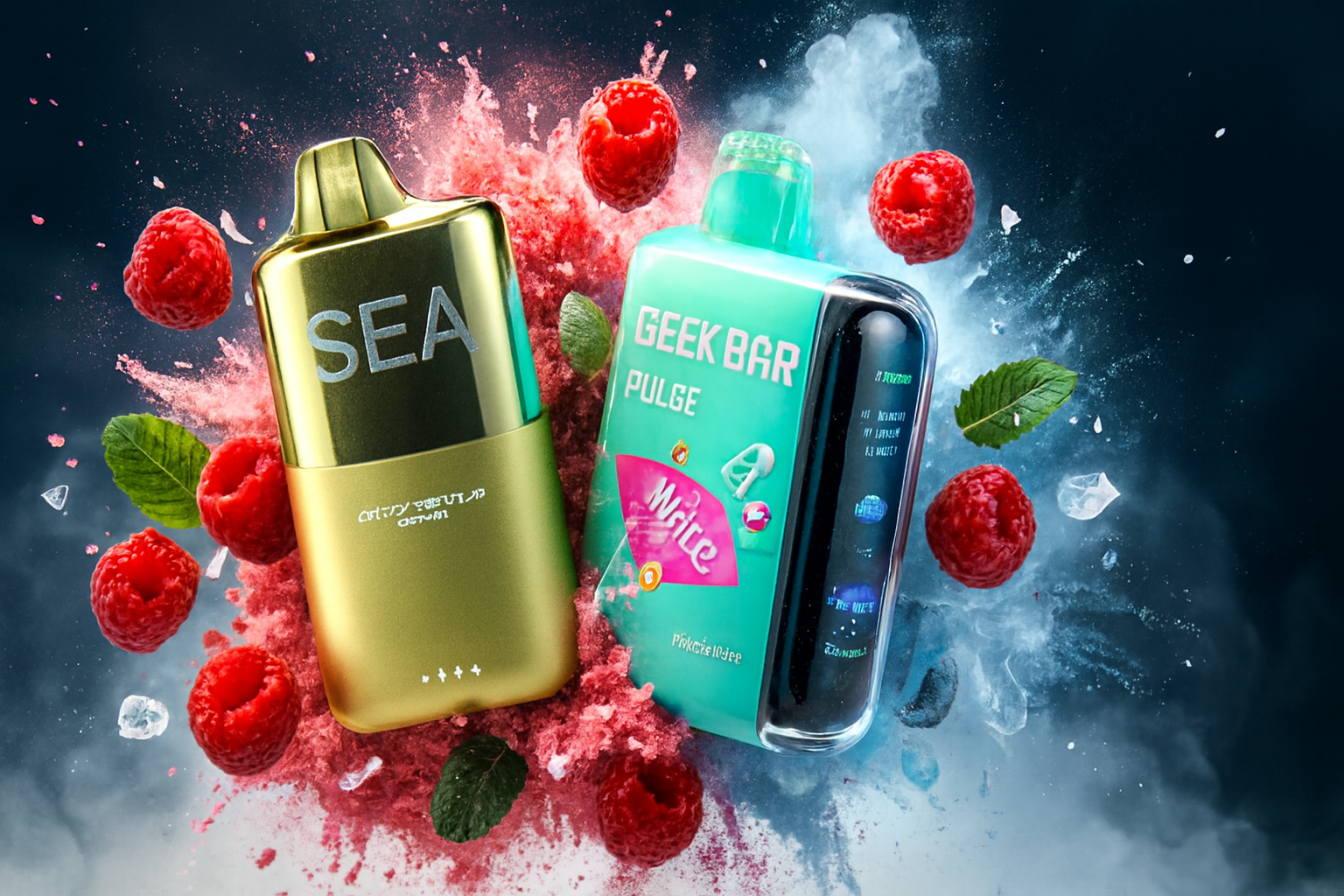 The image features two vibrant vape devices surrounded by raspberries, mint leaves, ice cubes, and bursts of powdered flavor. The left device, in a sleek gold finish, is labeled 