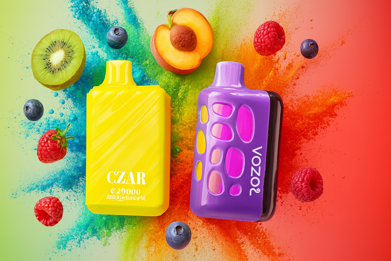 The image displays two colorful vape devices set against a vibrant backdrop of powdered pigments in red, green, blue, and yellow. The left device is bright yellow and labeled 