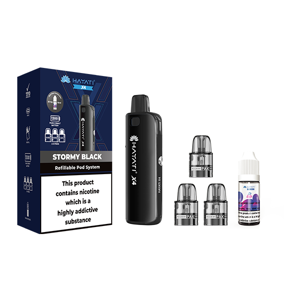 El kit de vapeo de cápsulas recargables Hayati X4 incluye 1x sales de nic 20 mg + 3x cápsulas recargables