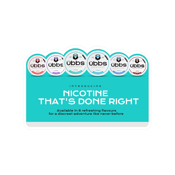 Pack de vente au détail de sachets de nicotine Ubbs avec affichage de comptoir - 120 canettes en dosages de 6 mg, 11 mg et 14 mg
